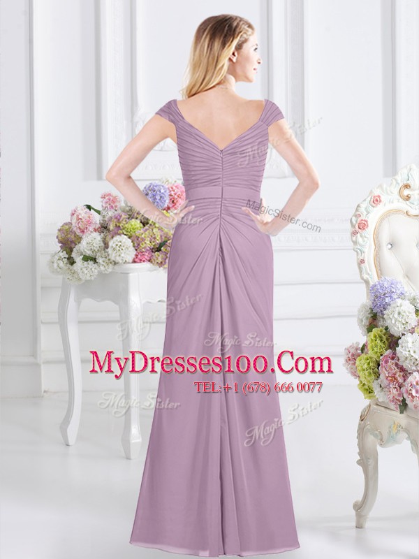 Floor Length Empire Cap Sleeves Lavender Bridesmaids Dress Zipper