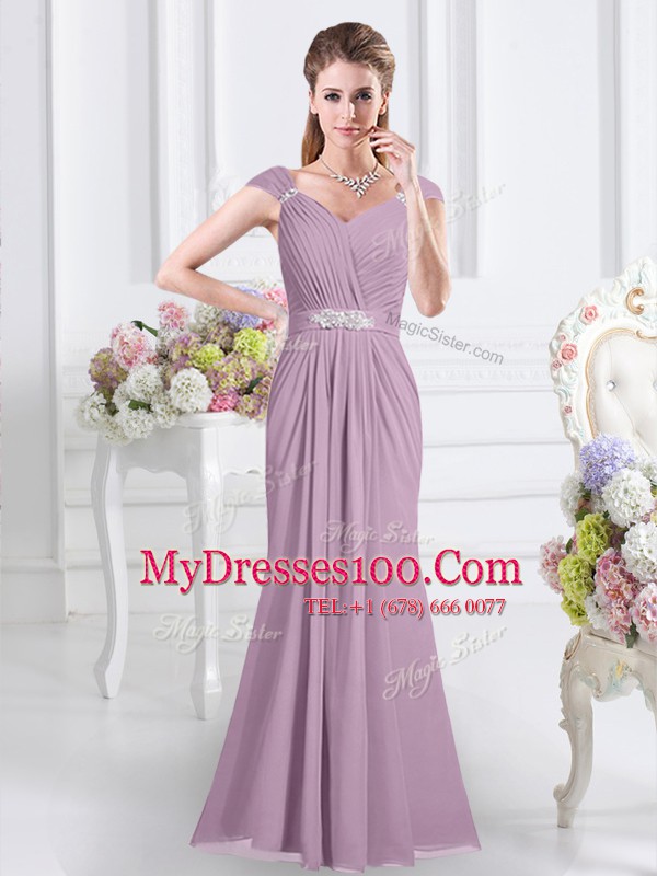 Floor Length Empire Cap Sleeves Lavender Bridesmaids Dress Zipper