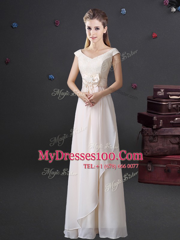 Hot Selling White Empire Lace and Bowknot Wedding Guest Dresses Zipper Chiffon Cap Sleeves Floor Length
