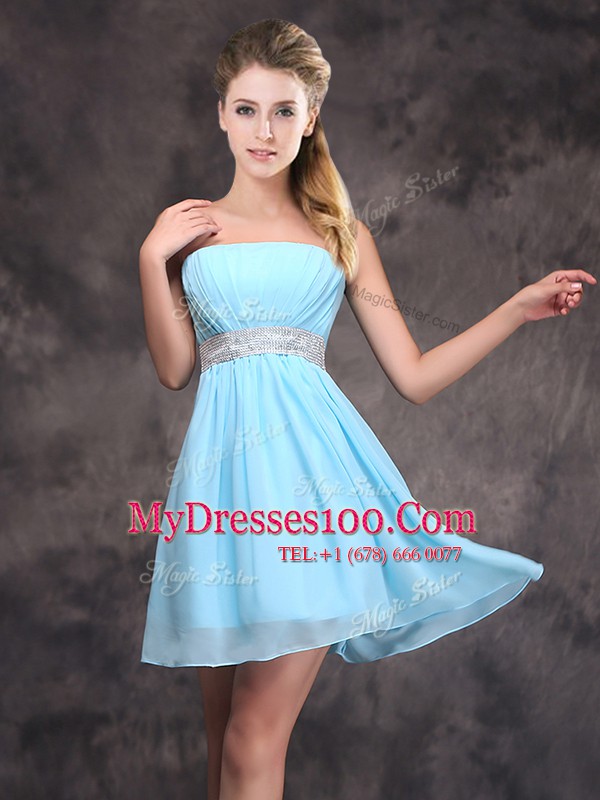 Baby Blue Empire Strapless Sleeveless Chiffon Mini Length Zipper Sequins and Ruching Wedding Party Dress