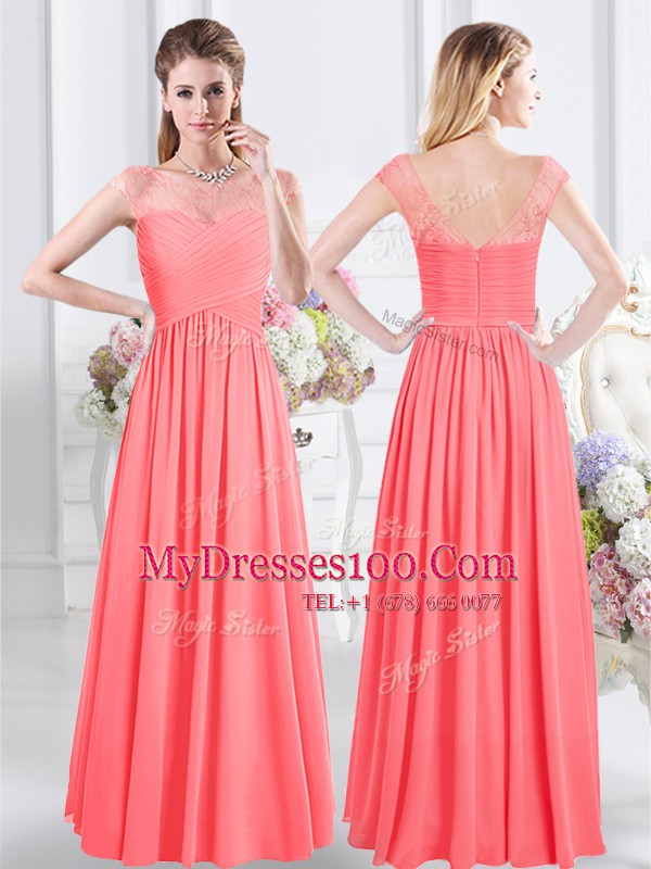 Scoop Cap Sleeves Floor Length Zipper Bridesmaid Dress Watermelon Red for Prom with Lace and Ruching