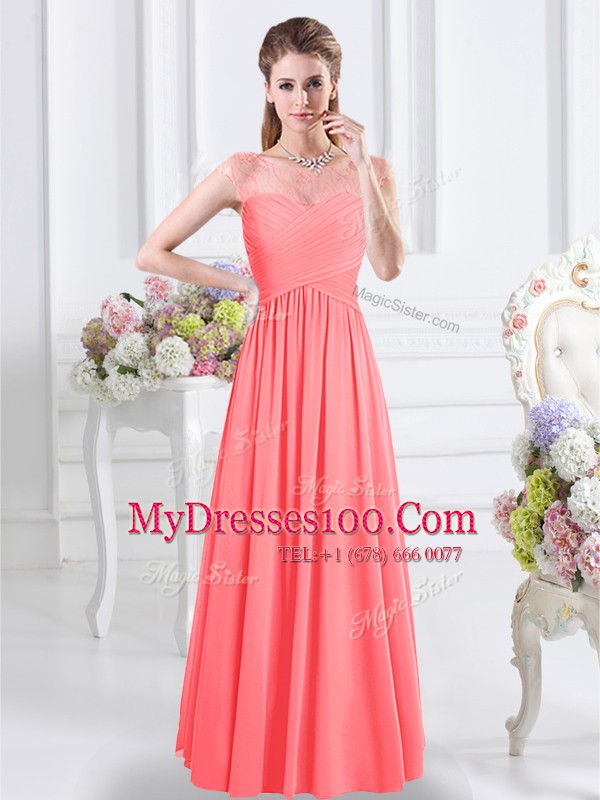 Scoop Cap Sleeves Floor Length Zipper Bridesmaid Dress Watermelon Red for Prom with Lace and Ruching