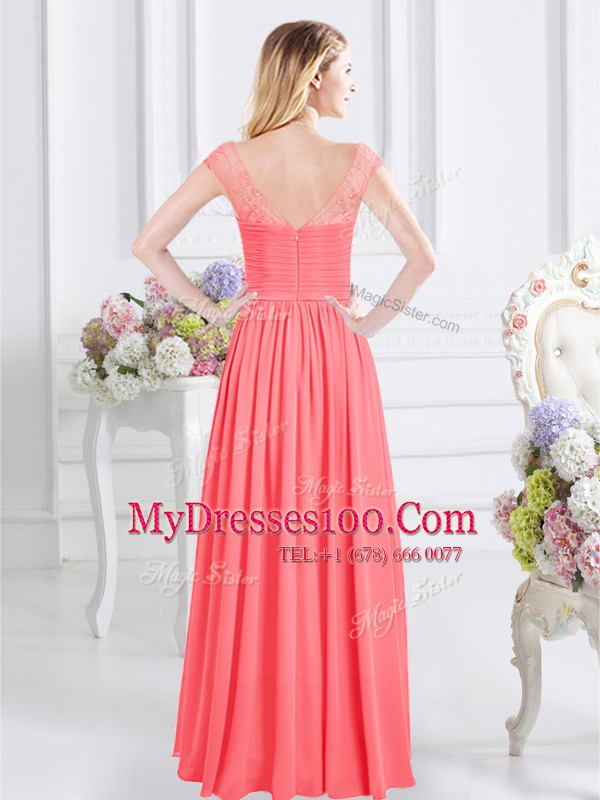 Scoop Cap Sleeves Floor Length Zipper Bridesmaid Dress Watermelon Red for Prom with Lace and Ruching