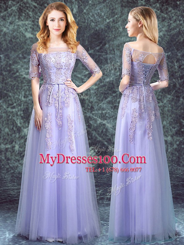 Wonderful Square Lavender Empire Appliques Quinceanera Court Dresses Lace Up Tulle Half Sleeves Floor Length