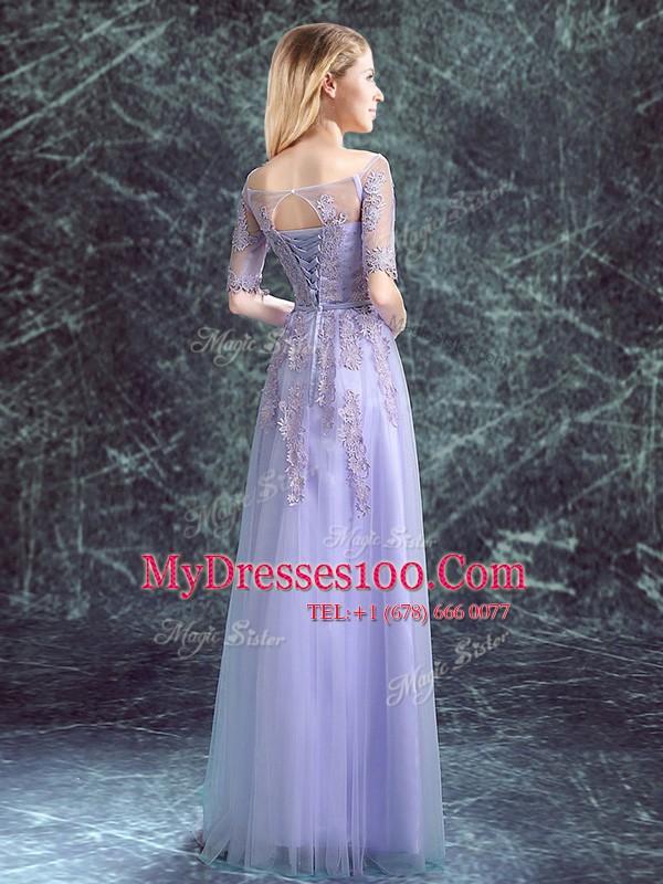 Wonderful Square Lavender Empire Appliques Quinceanera Court Dresses Lace Up Tulle Half Sleeves Floor Length