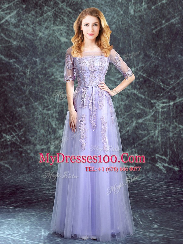 Wonderful Square Lavender Empire Appliques Quinceanera Court Dresses Lace Up Tulle Half Sleeves Floor Length