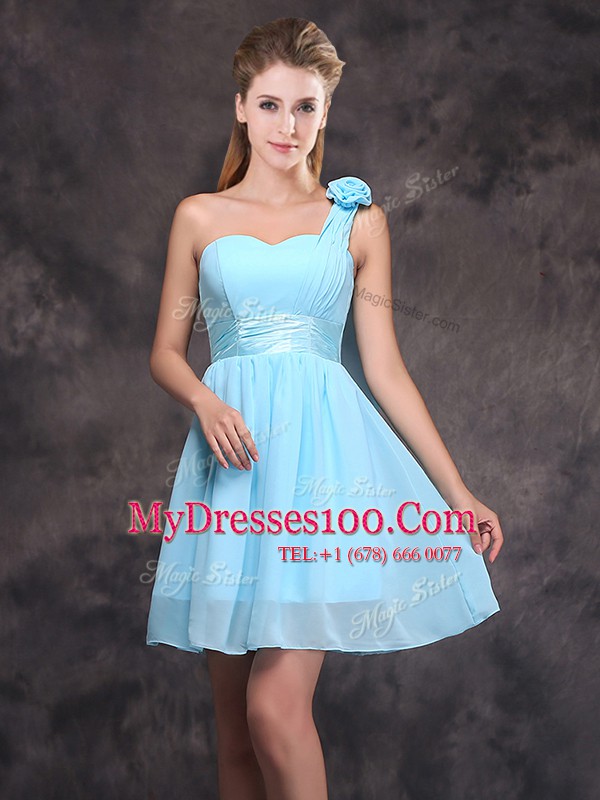 One Shoulder Sleeveless Mini Length Ruching and Hand Made Flower Zipper Damas Dress with Baby Blue