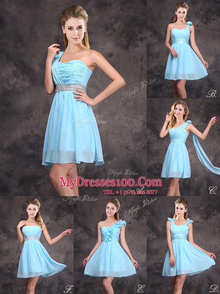 One Shoulder Sleeveless Mini Length Ruching and Hand Made Flower Zipper Damas Dress with Baby Blue