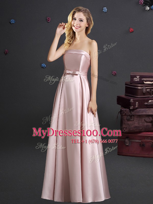 Bowknot Quinceanera Court of Honor Dress Pink Zipper Sleeveless Floor Length
