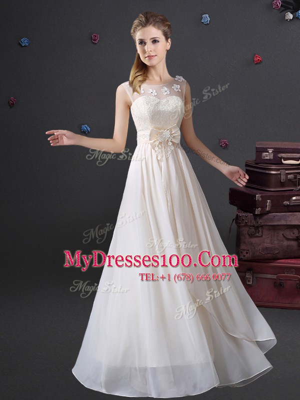 Scoop White Sleeveless Lace and Appliques and Bowknot Floor Length Bridesmaid Dresses