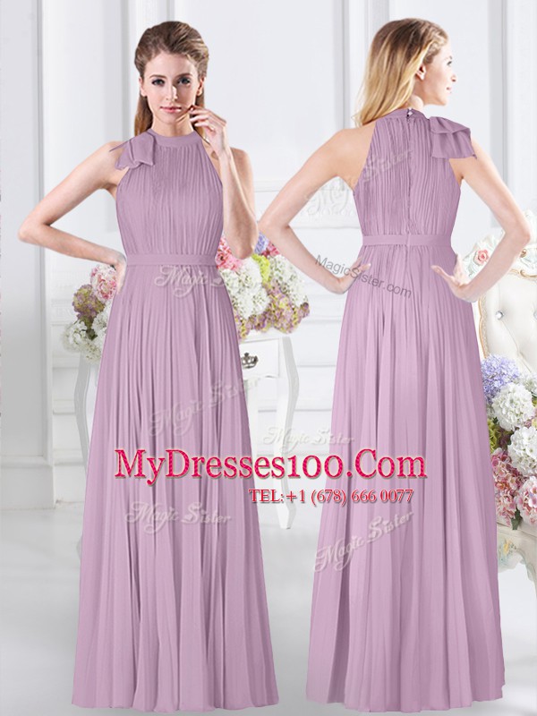 Lavender Empire Chiffon High-neck Sleeveless Ruching Floor Length Zipper Bridesmaid Dress