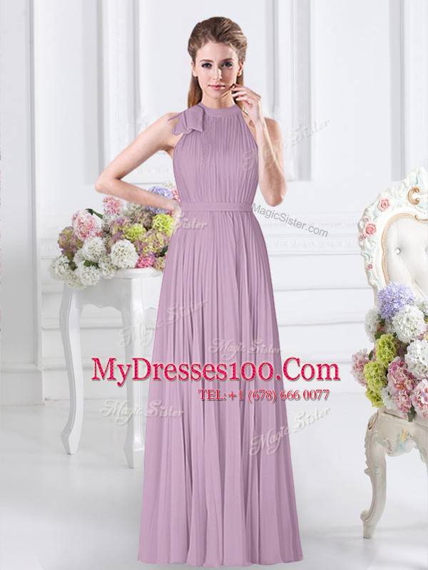 Lavender Empire Chiffon High-neck Sleeveless Ruching Floor Length Zipper Bridesmaid Dress