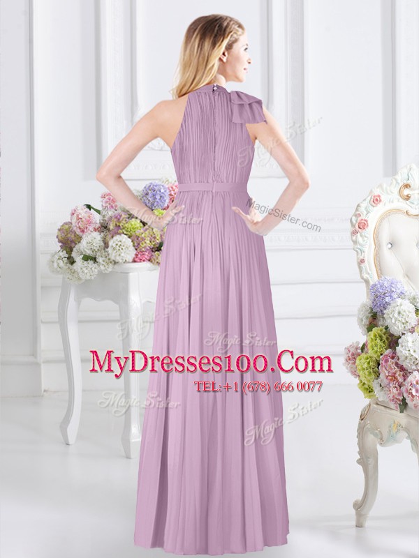 Lavender Empire Chiffon High-neck Sleeveless Ruching Floor Length Zipper Bridesmaid Dress