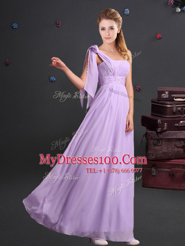Fancy One Shoulder Lavender Empire Ruching Wedding Party Dress Zipper Chiffon Sleeveless Floor Length