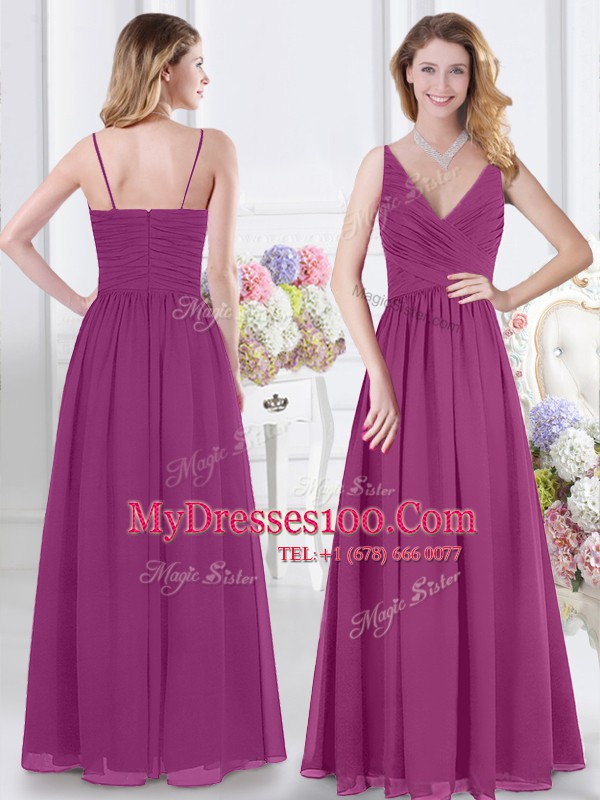 Fuchsia Empire Ruching Wedding Party Dress Zipper Chiffon Sleeveless Floor Length