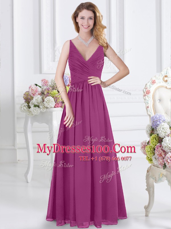 Fuchsia Empire Ruching Wedding Party Dress Zipper Chiffon Sleeveless Floor Length