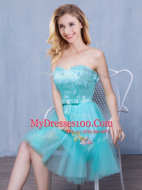 Cute Knee Length Empire Sleeveless Aqua Blue Quinceanera Dama Dress Lace Up