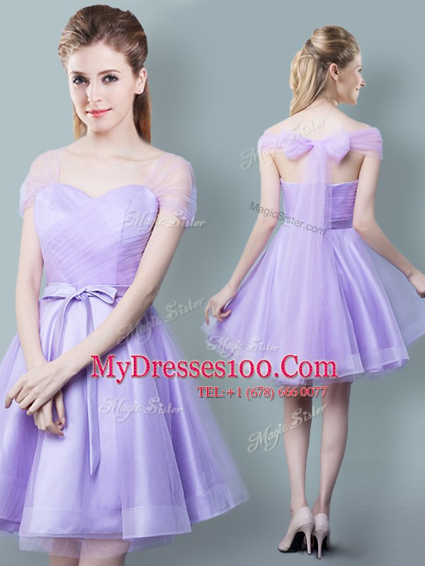 Top Selling Straps Ruching and Bowknot Wedding Party Dress Lavender Zipper Cap Sleeves Knee Length