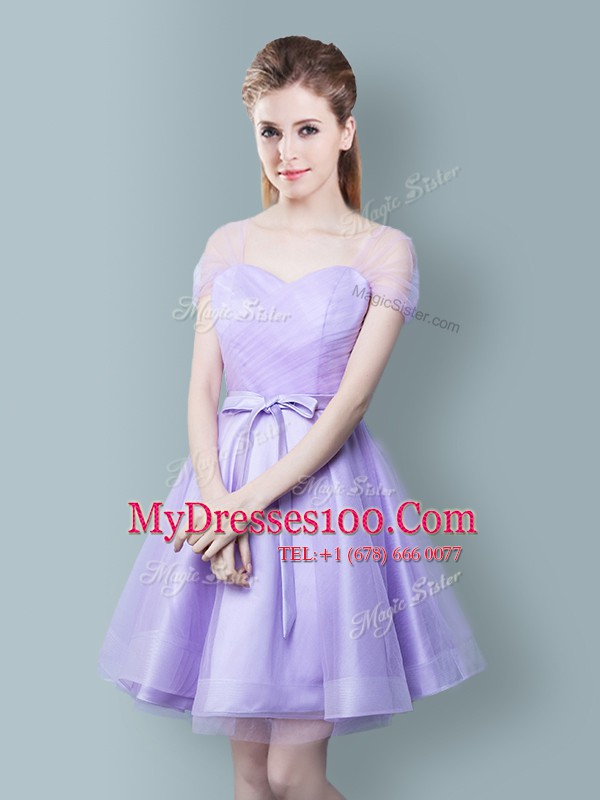 Top Selling Straps Ruching and Bowknot Wedding Party Dress Lavender Zipper Cap Sleeves Knee Length