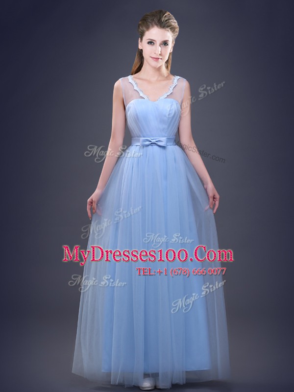 Deluxe Light Blue Empire Tulle V-neck Sleeveless Appliques and Ruching and Bowknot Floor Length Lace Up Quinceanera Court of Honor Dress