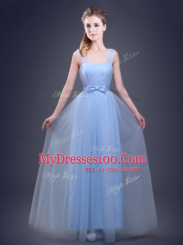 Modest Light Blue Tulle Lace Up Sleeveless Floor Length Bridesmaid Gown Beading and Appliques and Ruching and Bowknot and Hand Made Flower