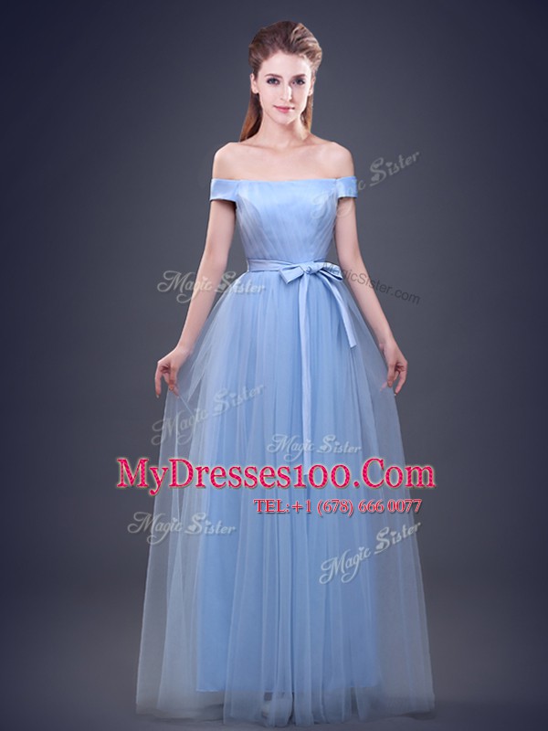 Modest Light Blue Tulle Lace Up Sleeveless Floor Length Bridesmaid Gown Beading and Appliques and Ruching and Bowknot and Hand Made Flower