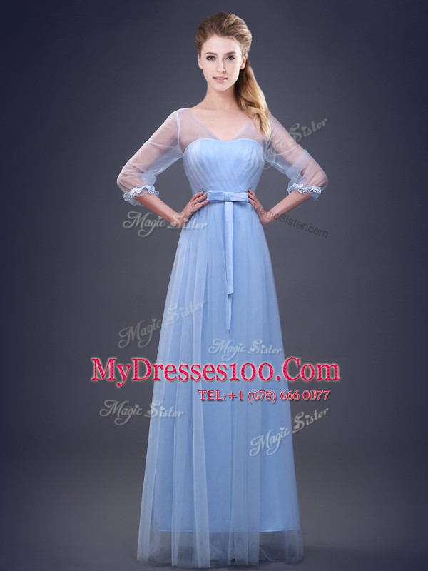 Modest Light Blue Tulle Lace Up Sleeveless Floor Length Bridesmaid Gown Beading and Appliques and Ruching and Bowknot and Hand Made Flower