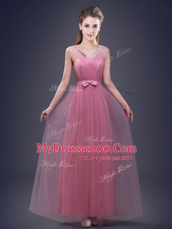 New Arrival Sleeveless Floor Length Beading and Appliques and Ruching and Bowknot and Hand Made Flower Lace Up Wedding Guest Dresses with Pink