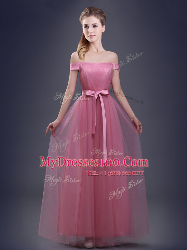 New Arrival Sleeveless Floor Length Beading and Appliques and Ruching and Bowknot and Hand Made Flower Lace Up Wedding Guest Dresses with Pink