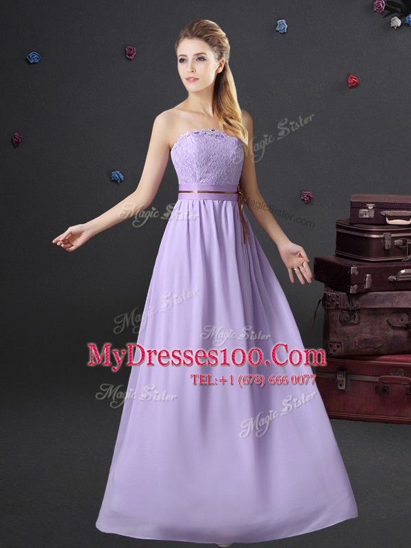 On Sale Lavender Empire Lace and Belt Wedding Party Dress Lace Up Chiffon Sleeveless Floor Length
