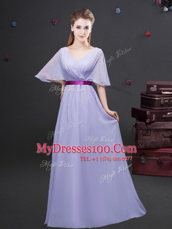 Lavender Half Sleeves Ruching and Belt Floor Length Wedding Guest Dresses