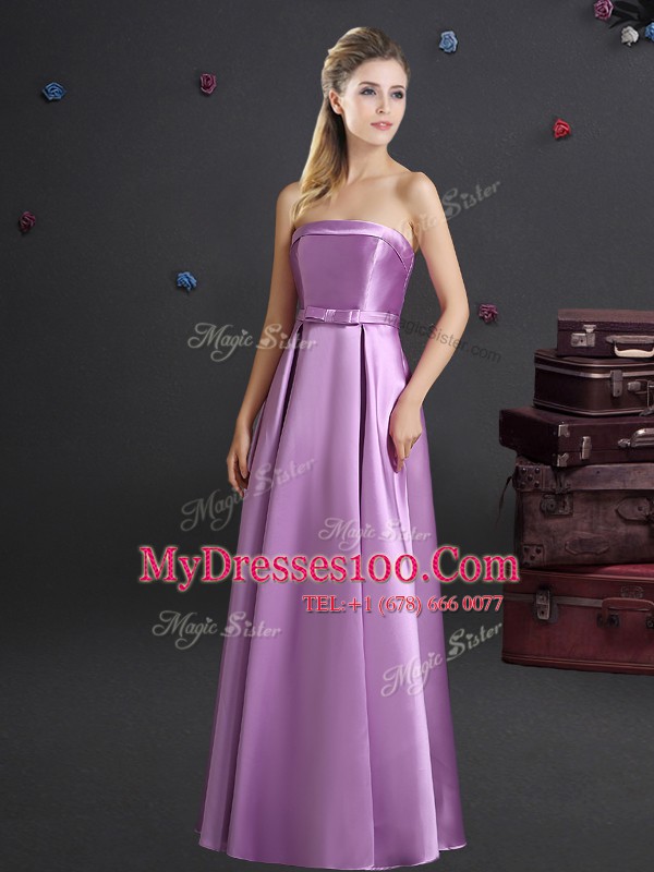 Bowknot Quinceanera Dama Dress Lilac Zipper Sleeveless Floor Length