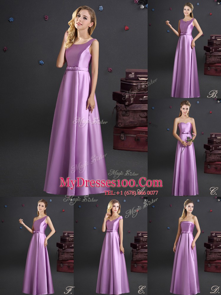 Bowknot Quinceanera Dama Dress Lilac Zipper Sleeveless Floor Length