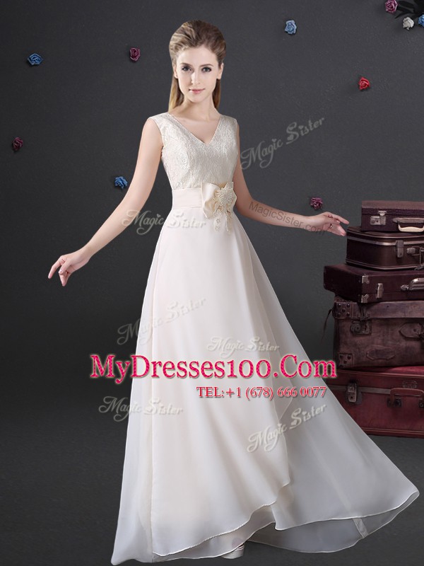 Most Popular White Empire Lace and Bowknot Bridesmaid Dresses Zipper Chiffon Sleeveless Floor Length