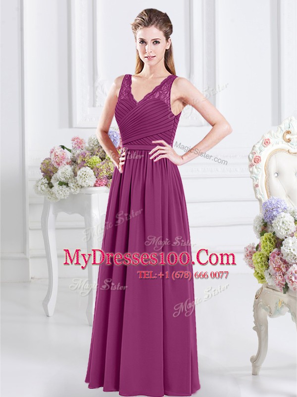 Cute Sleeveless Floor Length Lace and Ruching Side Zipper Bridesmaids Dress with Fuchsia