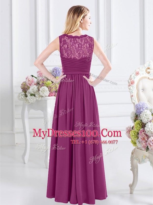 Cute Sleeveless Floor Length Lace and Ruching Side Zipper Bridesmaids Dress with Fuchsia