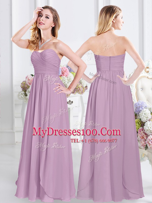 Lavender Sleeveless Ruching Floor Length Bridesmaid Gown