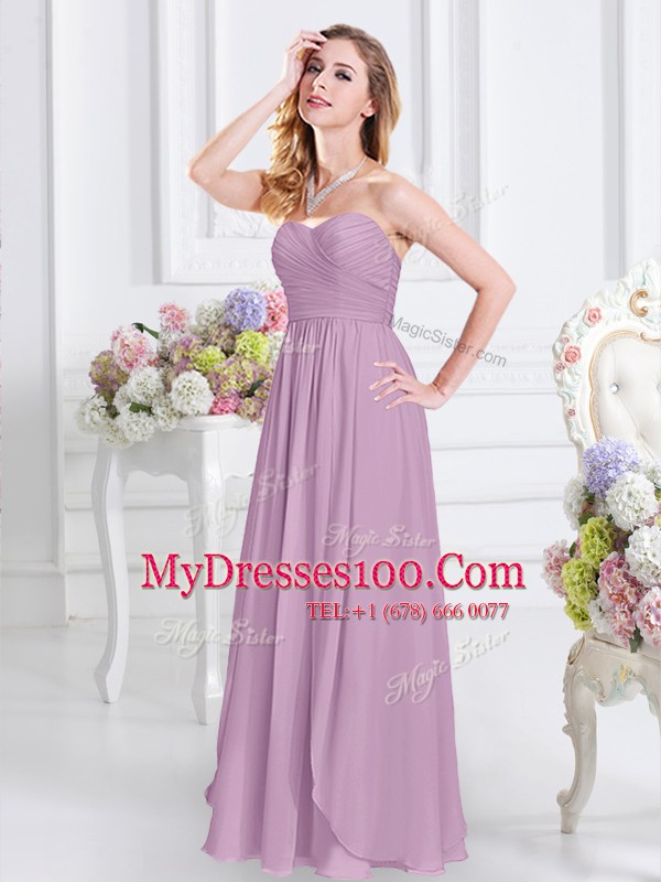 Lavender Sleeveless Ruching Floor Length Bridesmaid Gown