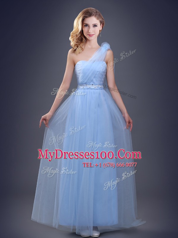Ideal One Shoulder Light Blue Tulle Lace Up Damas Dress Sleeveless Floor Length Beading and Ruching and Hand Made Flower