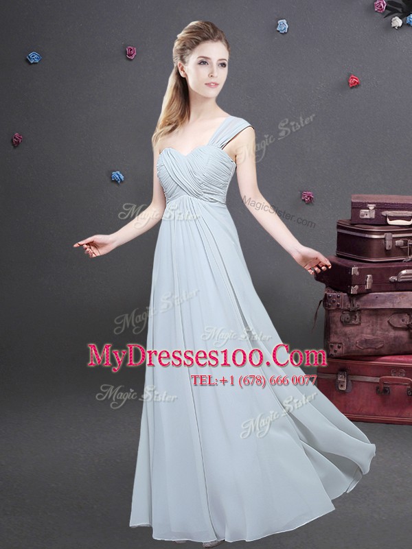 Grey Empire One Shoulder Sleeveless Chiffon Floor Length Zipper Ruching Bridesmaids Dress