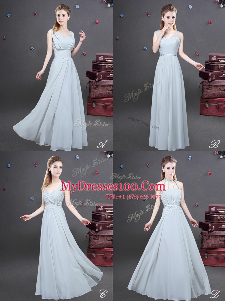 Grey Empire One Shoulder Sleeveless Chiffon Floor Length Zipper Ruching Bridesmaids Dress