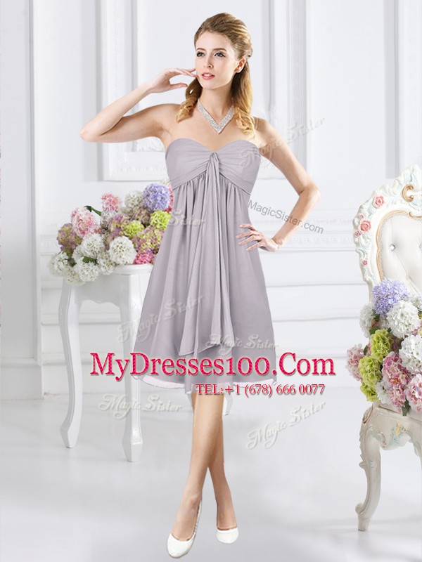 Grey A-line Sweetheart Sleeveless Chiffon Knee Length Side Zipper Ruching Bridesmaid Gown