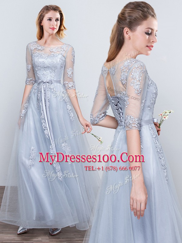 Short Sleeves Grey Lace Up Scoop Appliques and Belt Vestidos de Damas Tulle Half Sleeves