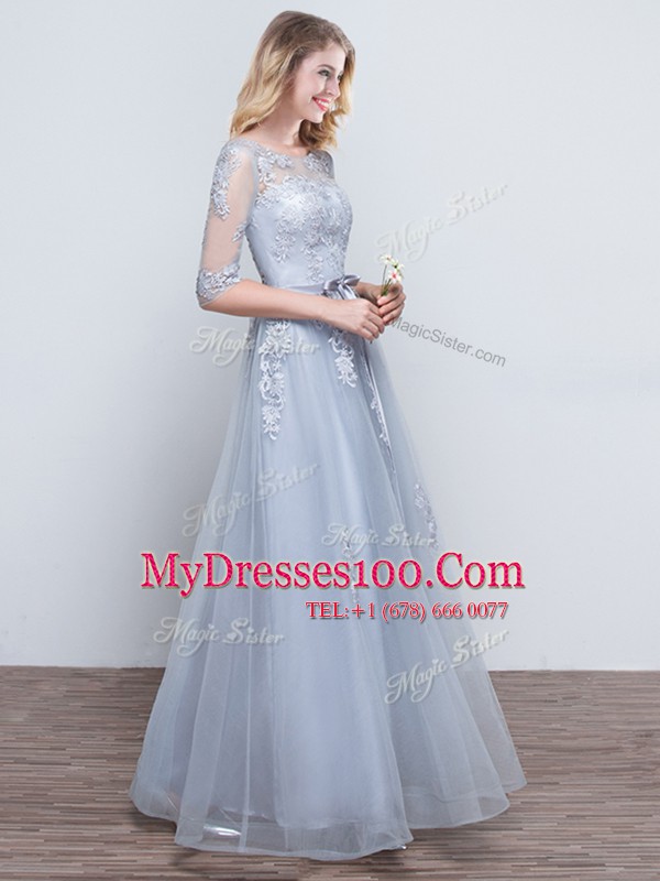 Short Sleeves Grey Lace Up Scoop Appliques and Belt Vestidos de Damas Tulle Half Sleeves