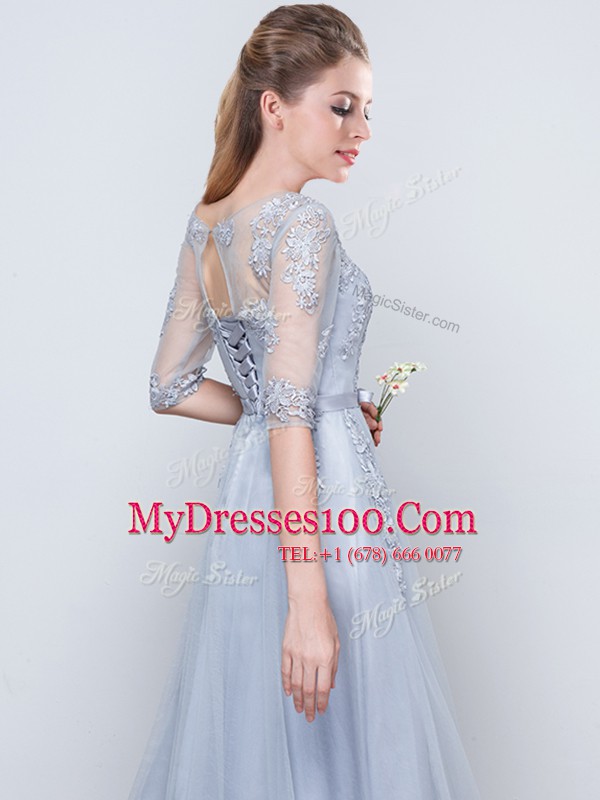 Short Sleeves Grey Lace Up Scoop Appliques and Belt Vestidos de Damas Tulle Half Sleeves