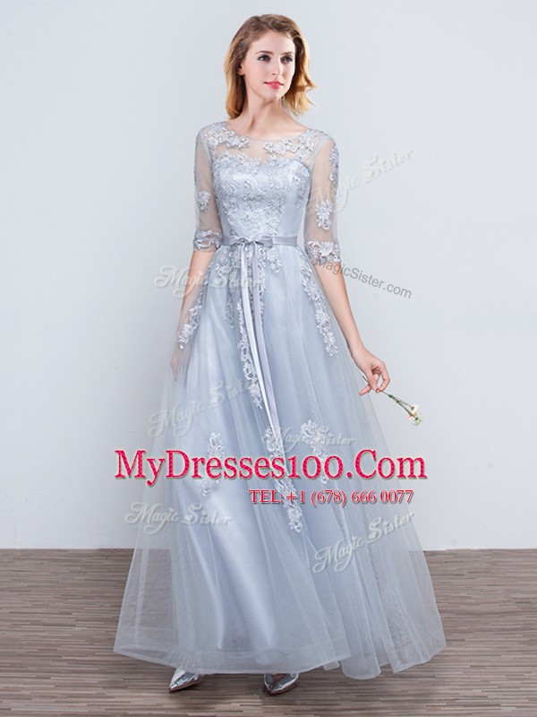 Short Sleeves Grey Lace Up Scoop Appliques and Belt Vestidos de Damas Tulle Half Sleeves