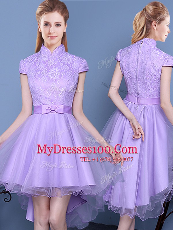 Hot Sale Short Sleeves Zipper High Low Lace and Bowknot and Belt Bridesmaid Dresses