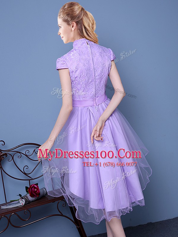 Hot Sale Short Sleeves Zipper High Low Lace and Bowknot and Belt Bridesmaid Dresses