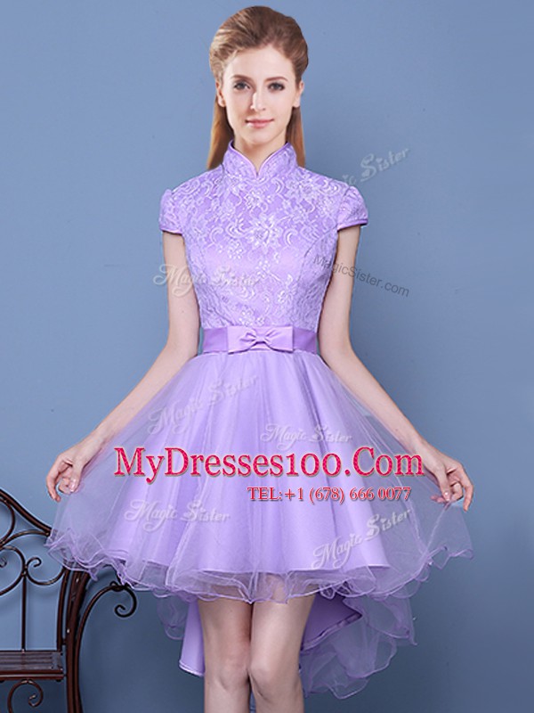 Hot Sale Short Sleeves Zipper High Low Lace and Bowknot and Belt Bridesmaid Dresses