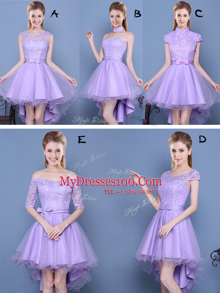 Hot Sale Short Sleeves Zipper High Low Lace and Bowknot and Belt Bridesmaid Dresses